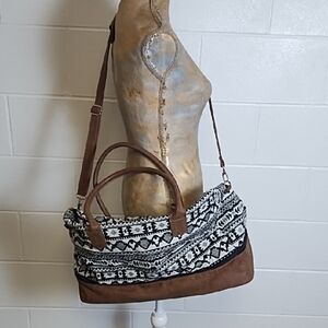 Travel Carry On Bag Brown with Black & Ivory Woven Texured Pattern Bag Large